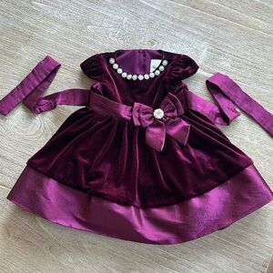 Rare Editions Baby 12M Velour Velvet Pearl Beaded Dress in Cranberry Burgundy